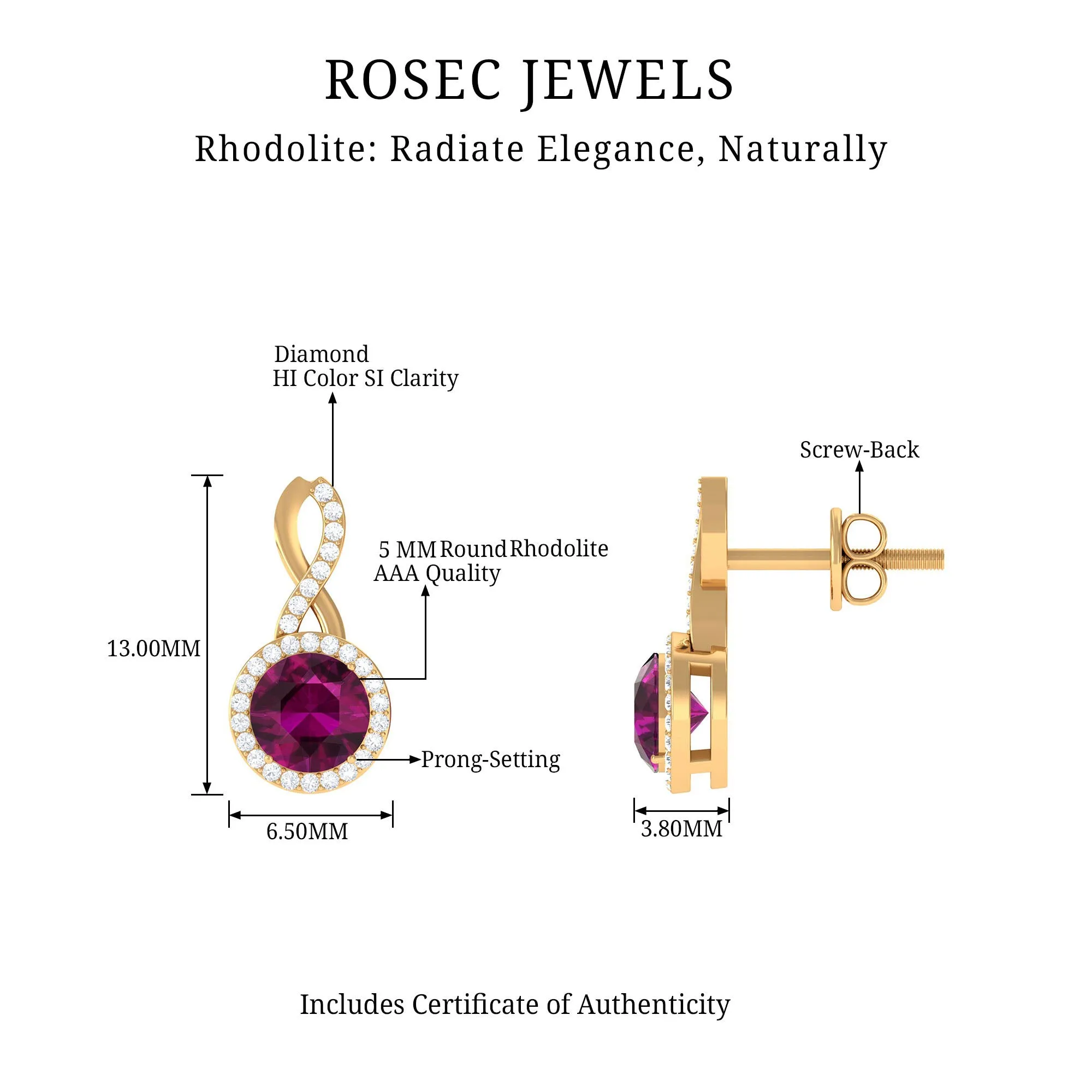 1.50 CT Minimal Rhodolite and Diamond Infinity Stud Earrings