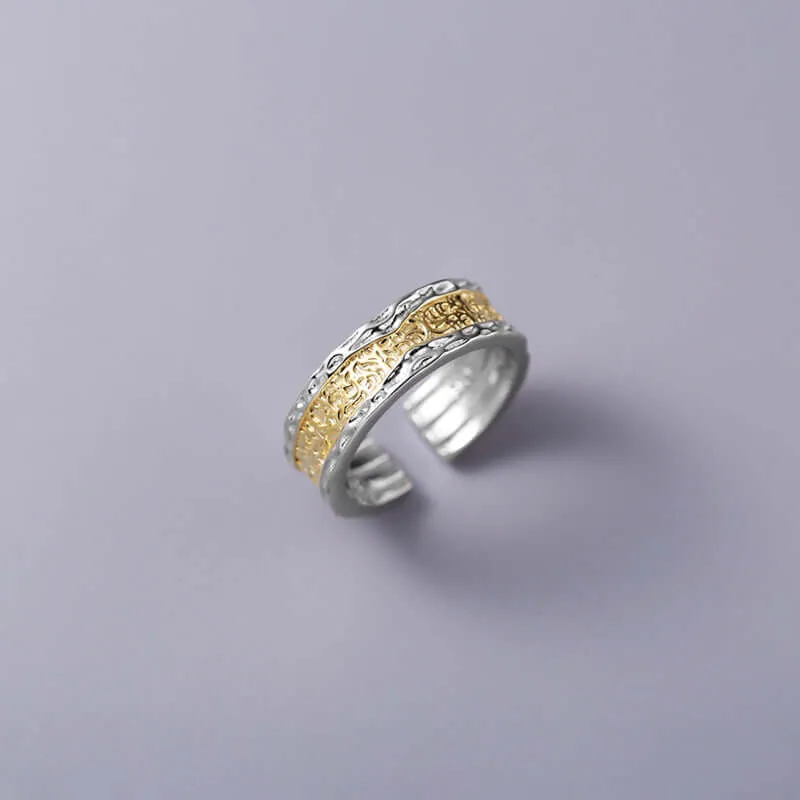 925 Sterling Silver Split Color Irregular Texture Plain Ring