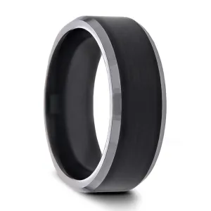 ATNOS | Black Titanium Ring, Silver Polished Edges