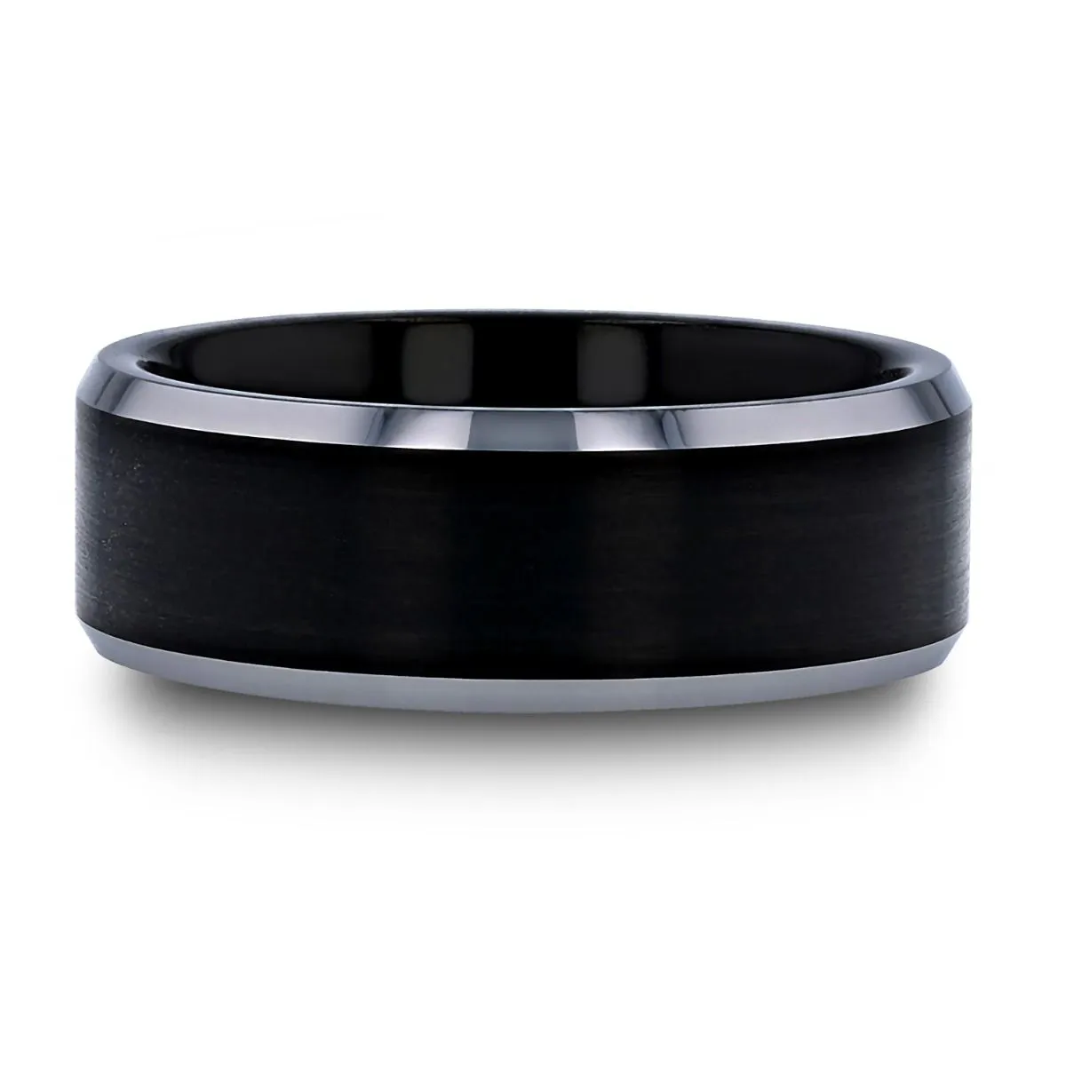 ATNOS | Black Titanium Ring, Silver Polished Edges