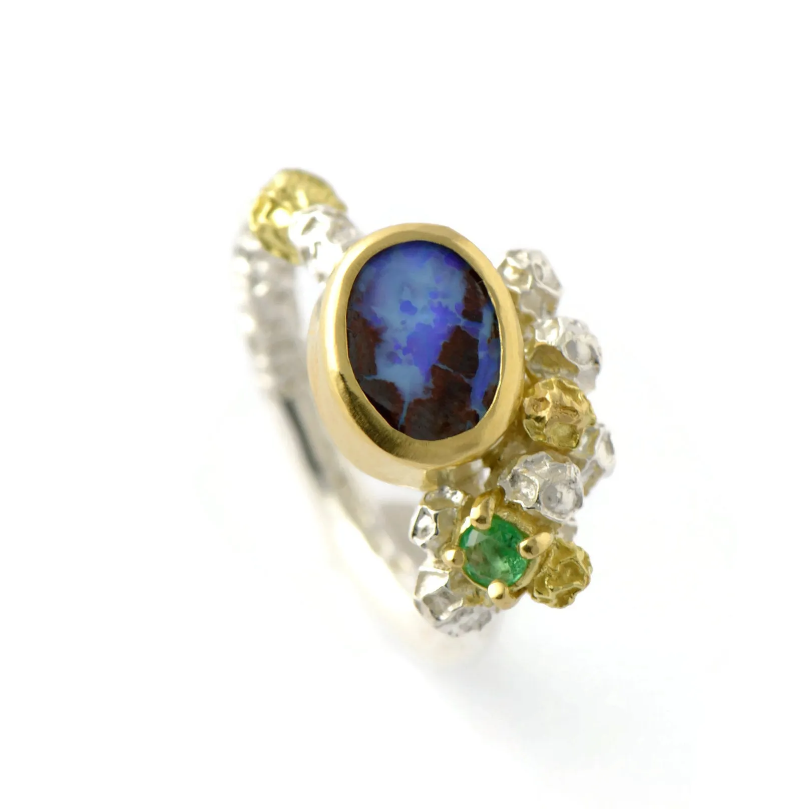 Australian opal and Colombian emerald cluster ring - one of a kind solid gold and silver ring design