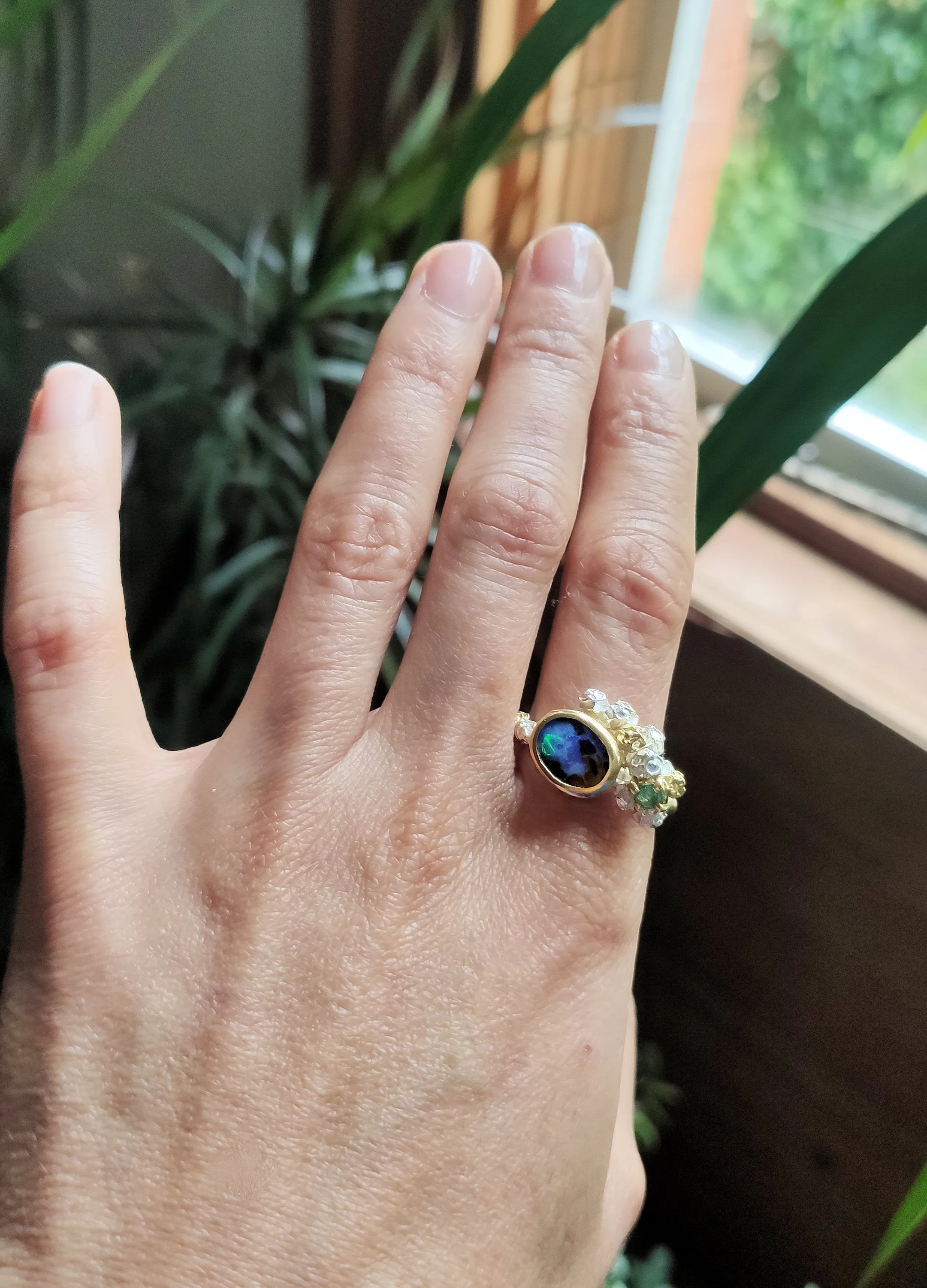 Australian opal and Colombian emerald cluster ring - one of a kind solid gold and silver ring design