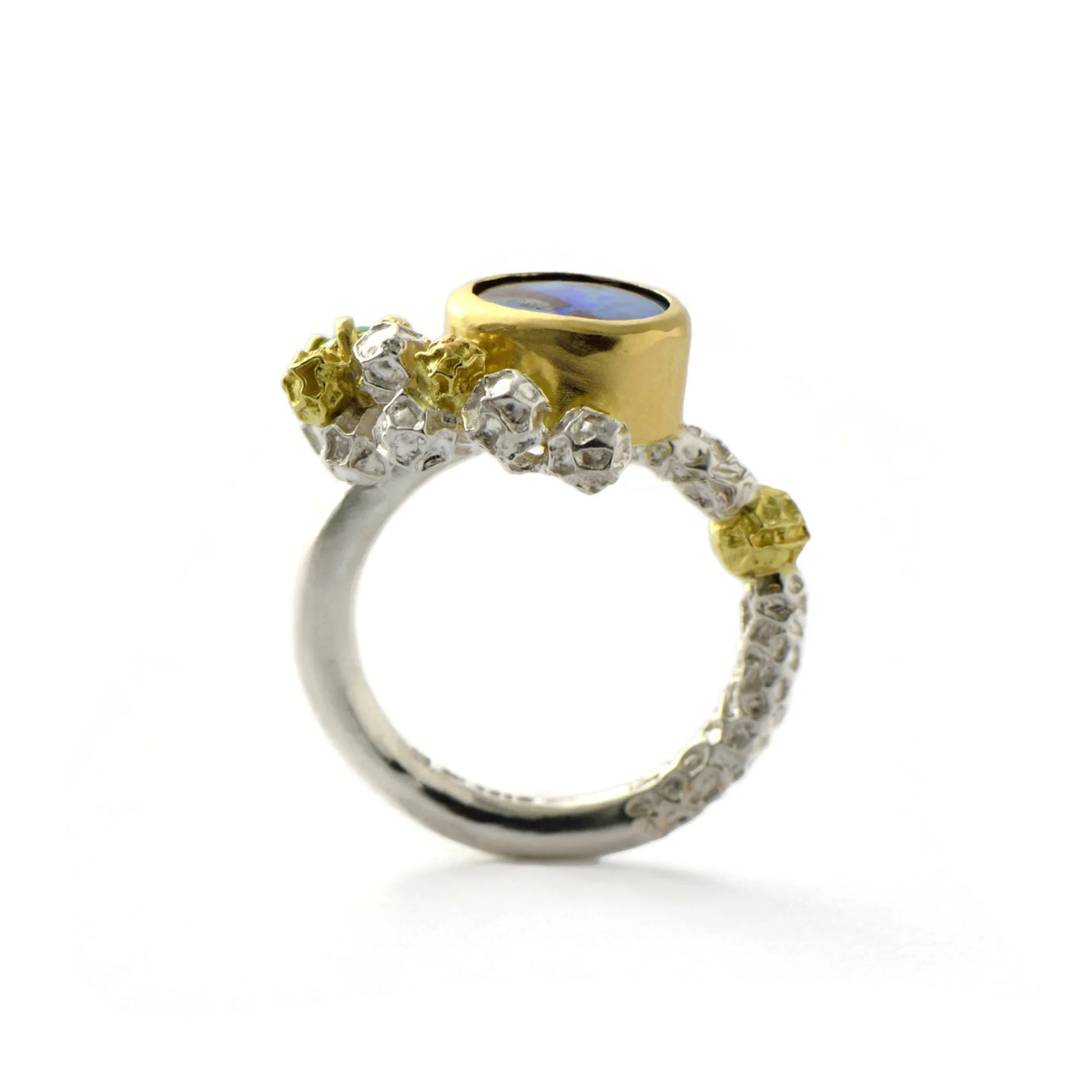 Australian opal and Colombian emerald cluster ring - one of a kind solid gold and silver ring design