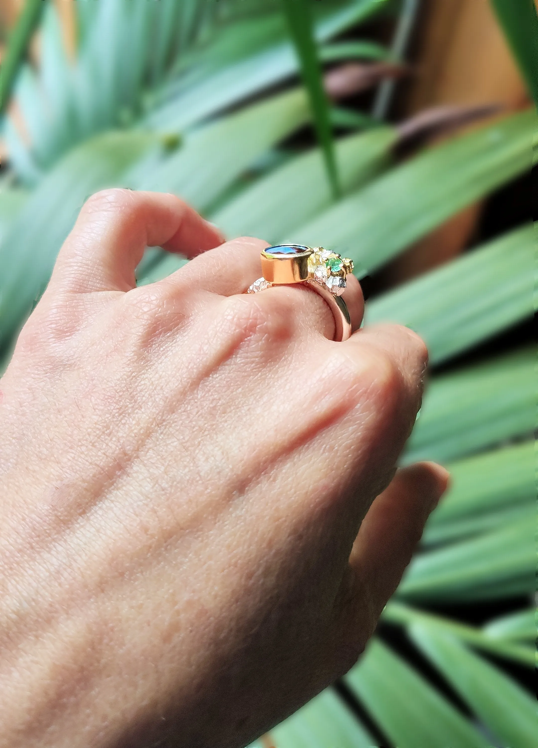 Australian opal and Colombian emerald cluster ring - one of a kind solid gold and silver ring design