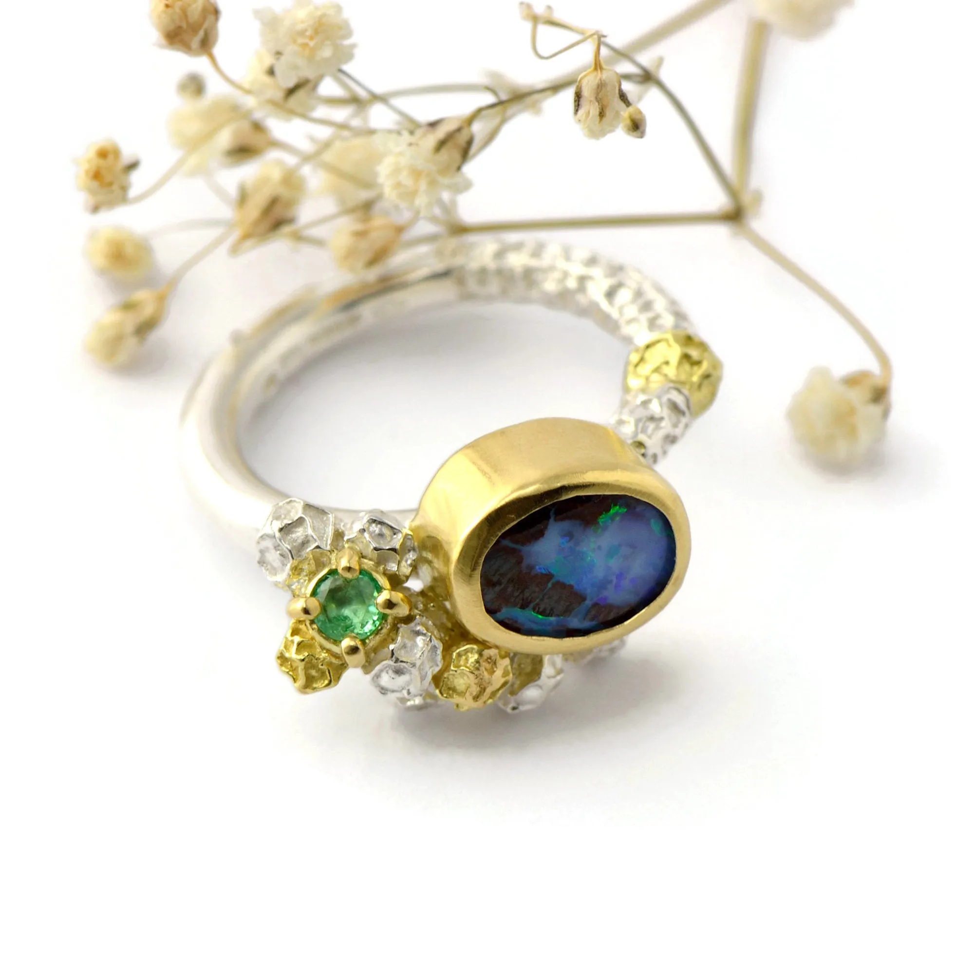 Australian opal and Colombian emerald cluster ring - one of a kind solid gold and silver ring design