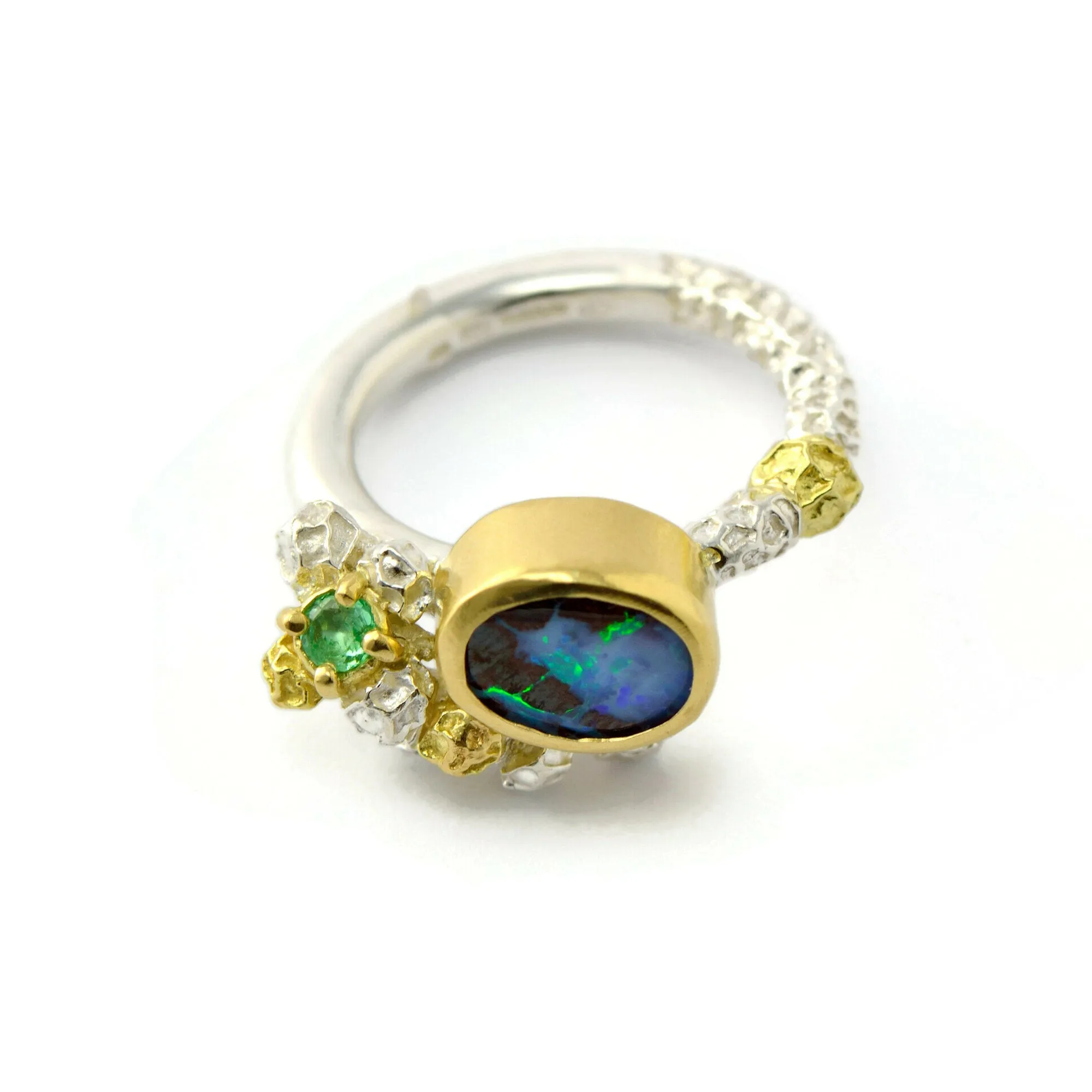 Australian opal and Colombian emerald cluster ring - one of a kind solid gold and silver ring design