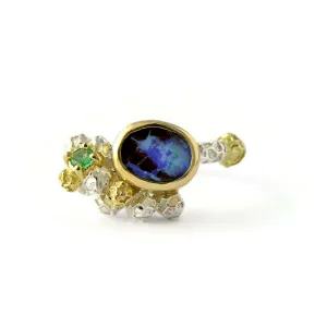 Australian opal and Colombian emerald cluster ring - one of a kind solid gold and silver ring design