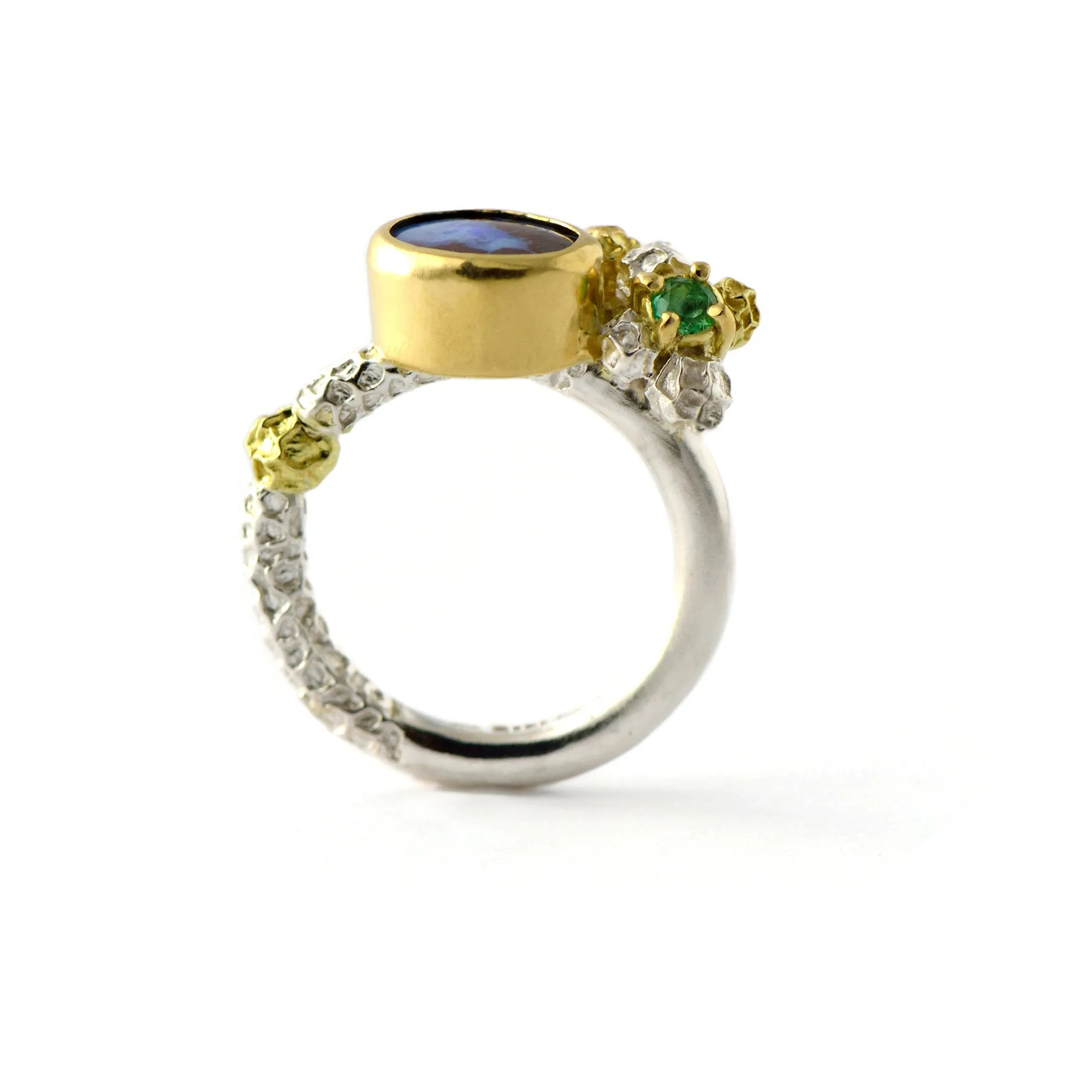 Australian opal and Colombian emerald cluster ring - one of a kind solid gold and silver ring design