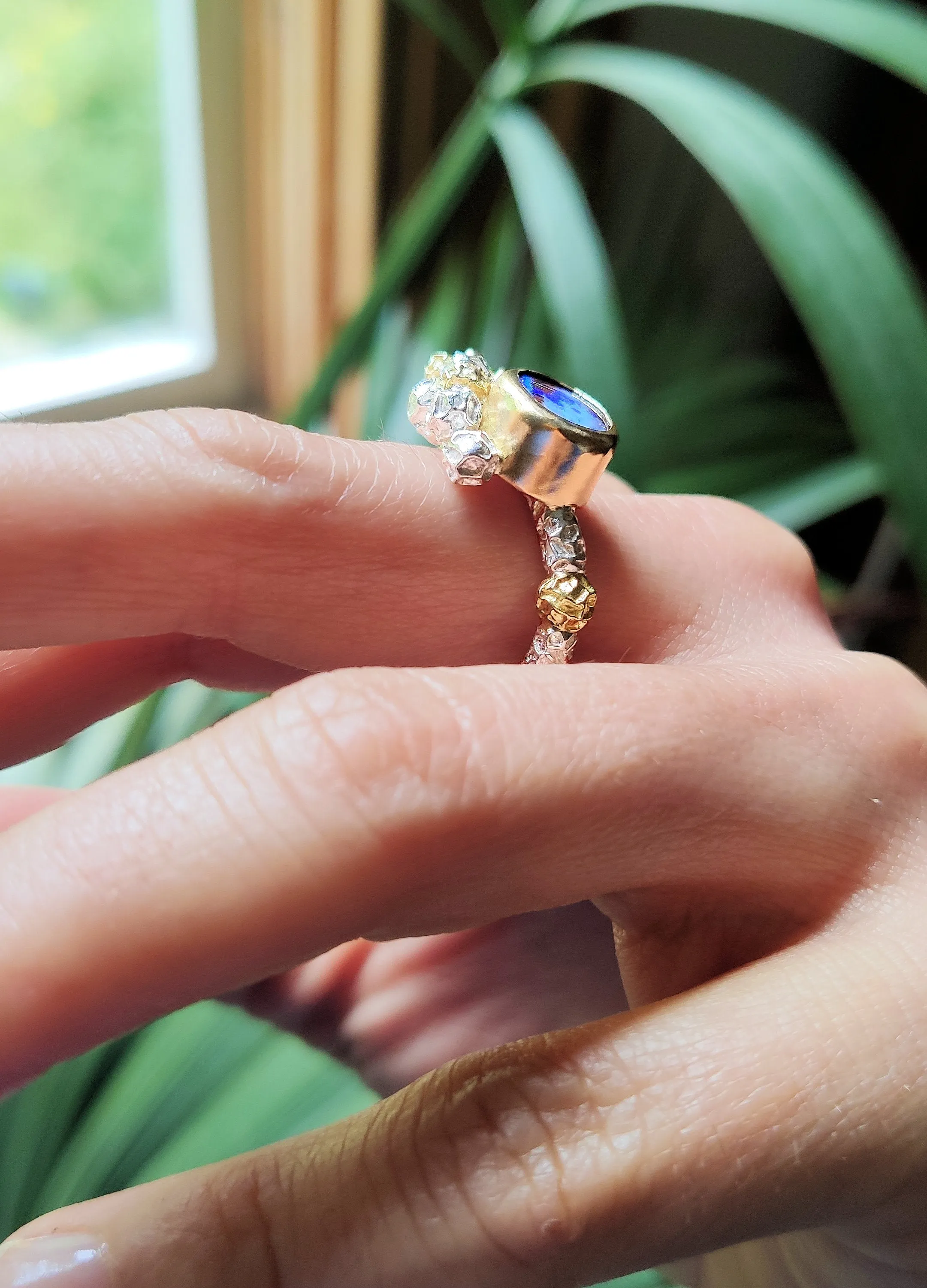 Australian opal and Colombian emerald cluster ring - one of a kind solid gold and silver ring design