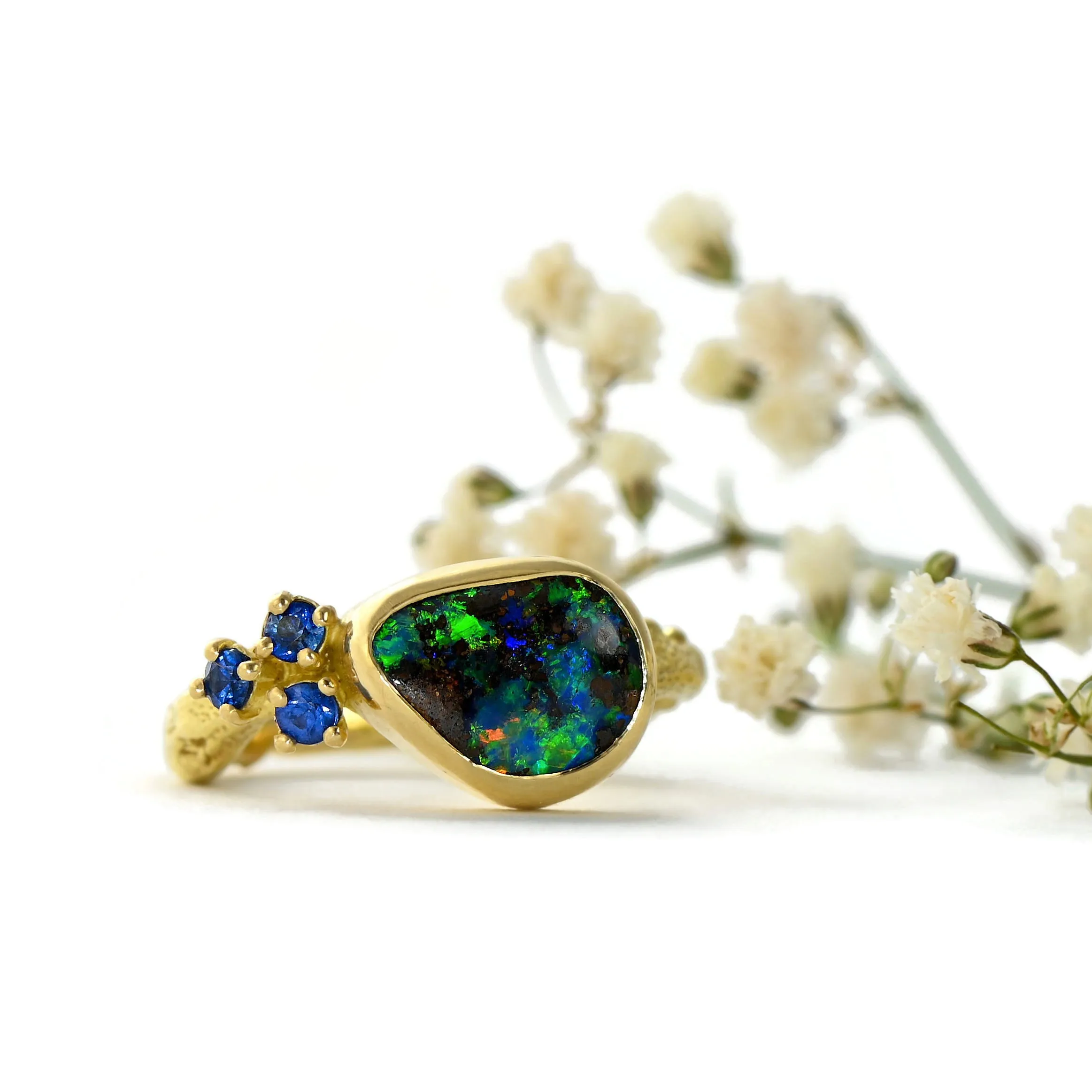 Australian opal and sapphires cluster ring - one of a kind solid gold ring design