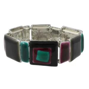 Brown Teal and Mulberry Enamel Squares Stretch Bracelet - BT322