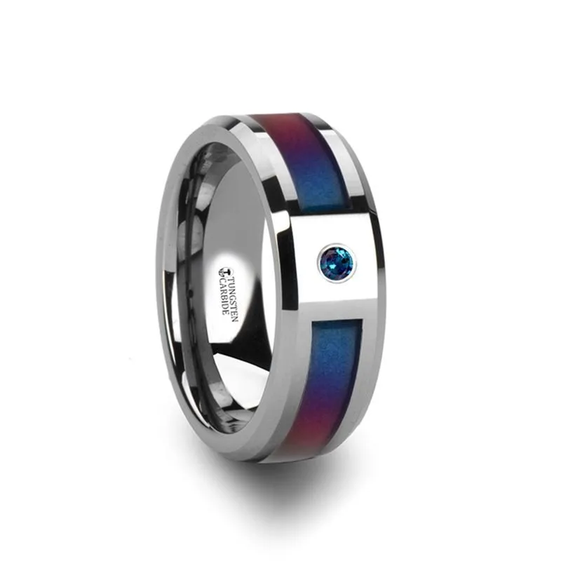 CERULEAN | Silver Tungsten Ring, Blue & Purple Inlay, Alexandrite Stone, Beveled