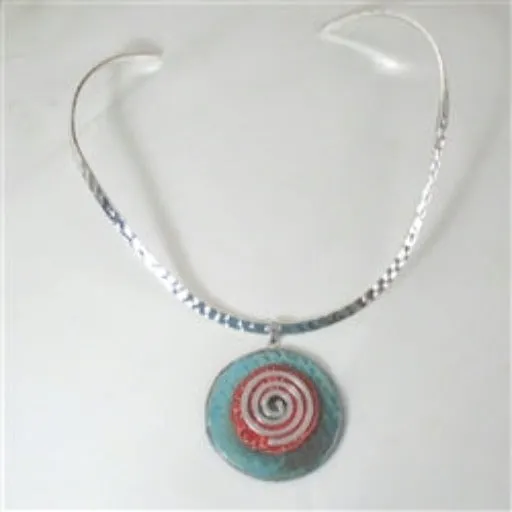 Choker Handmade Aqua &  Raku Pendant  Spiral Bail Silver Neck Wire