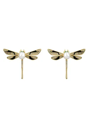 Dragonfly Pearl And Enamel Stud Earrings Gold