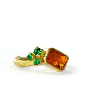 Fire opal and Colombian emerald cluster ring - one of a kind solid 18ct gold ring design