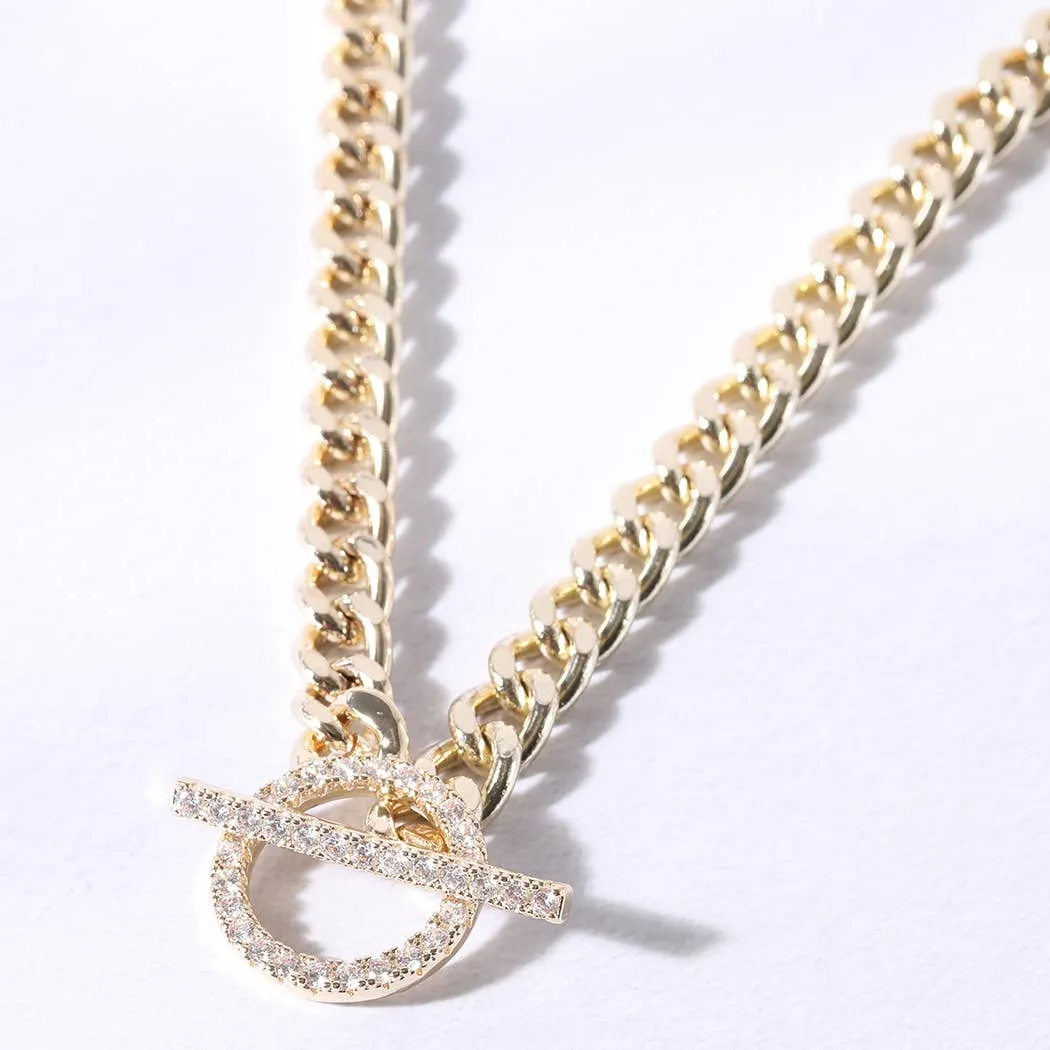 Gold Plated CZ Pave Toggle Clasp Chain Necklace