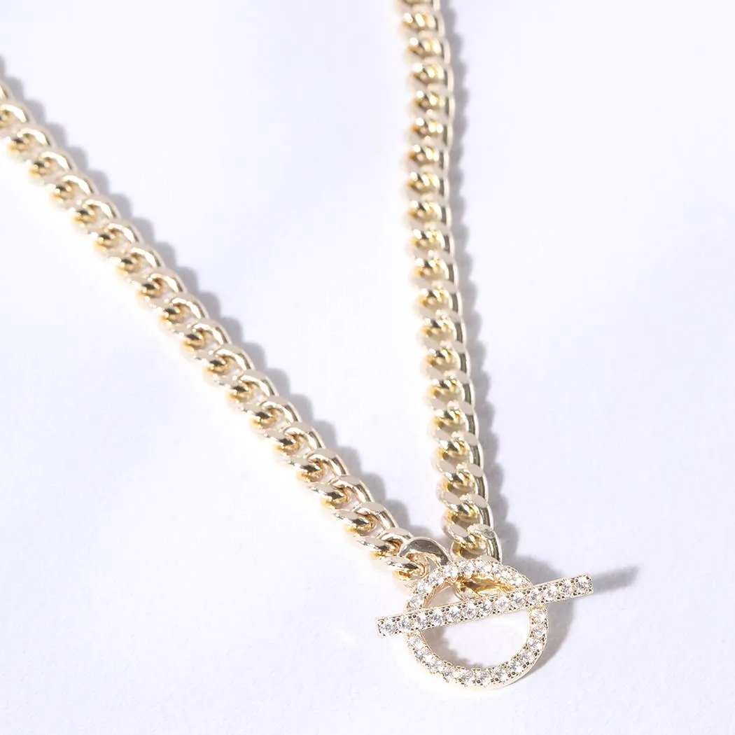 Gold Plated CZ Pave Toggle Clasp Chain Necklace