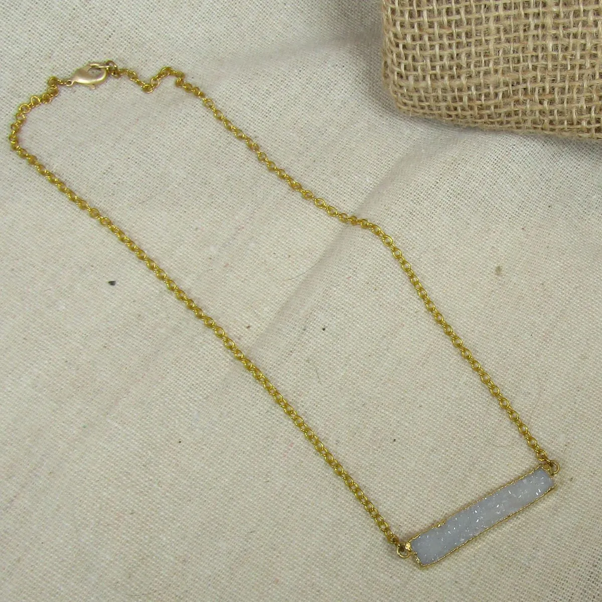 Grey Druzy Bar Pendant on Gold Chain