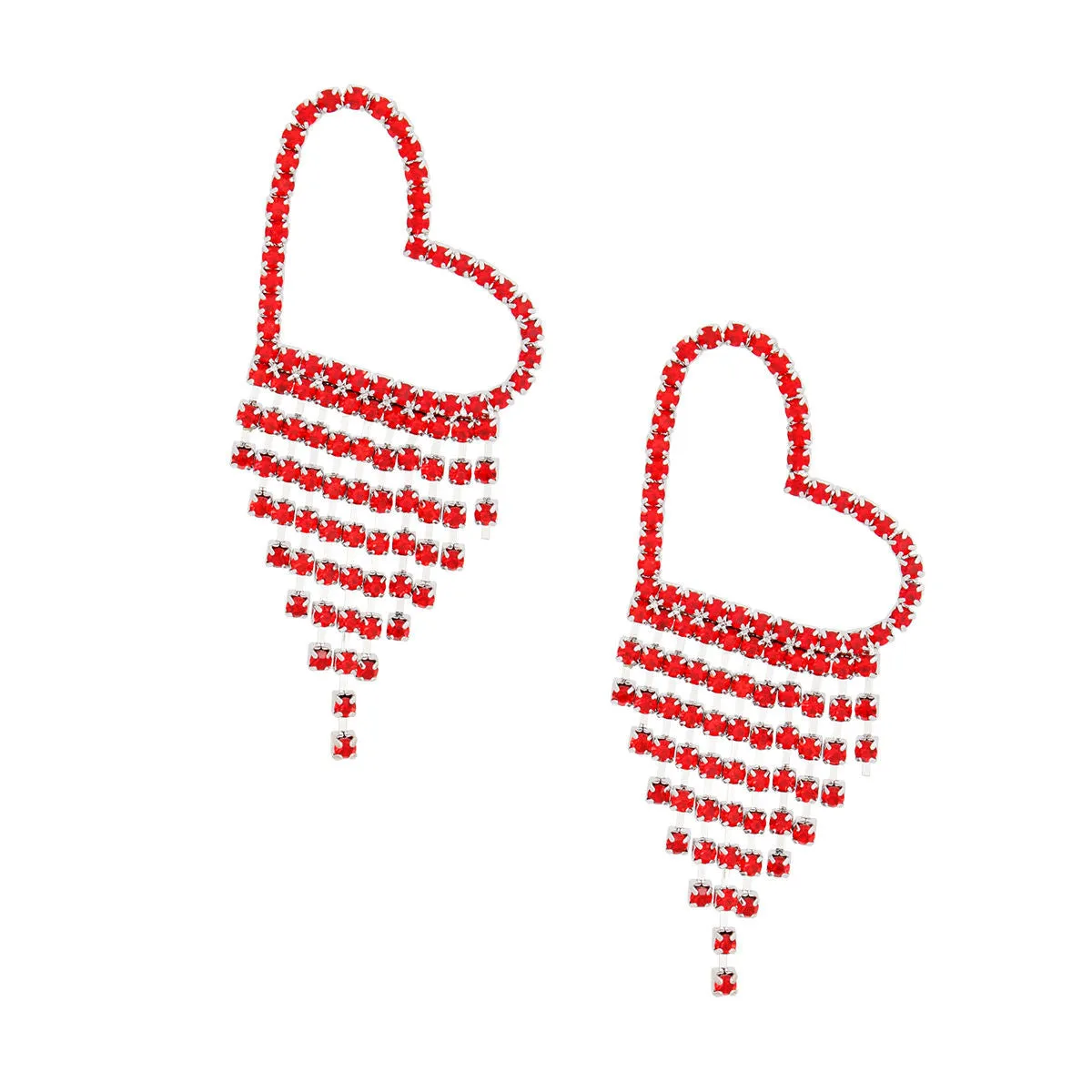 Large Pave Fringe Heart Earrings - Red