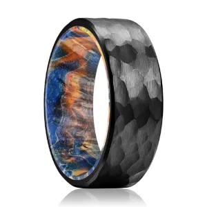 MASON | Blue & Yellow/Orange Wood, Black Tungsten Ring, Hammered, Flat