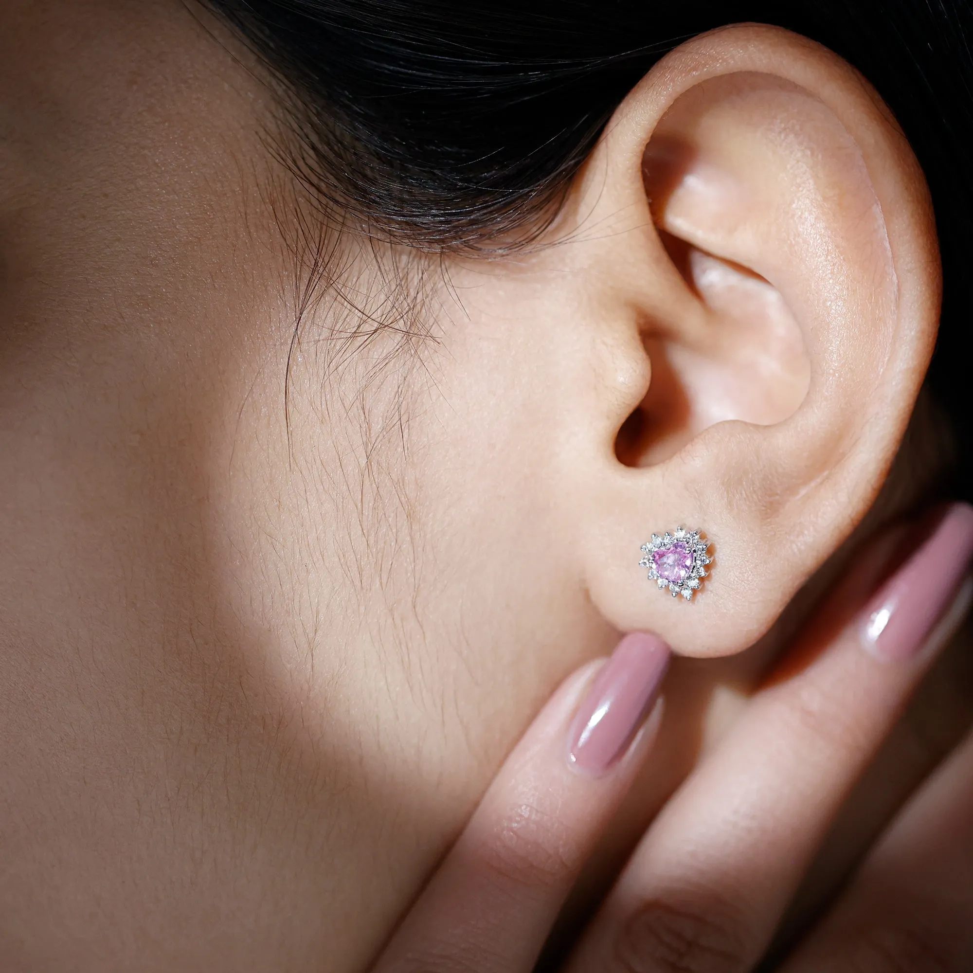 Minimal Heart Shape Pink Sapphire Halo Stud Earrings with Diamond