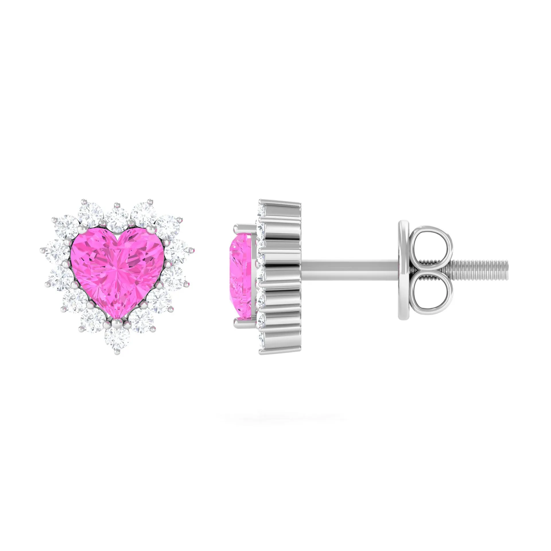 Minimal Heart Shape Pink Sapphire Halo Stud Earrings with Diamond