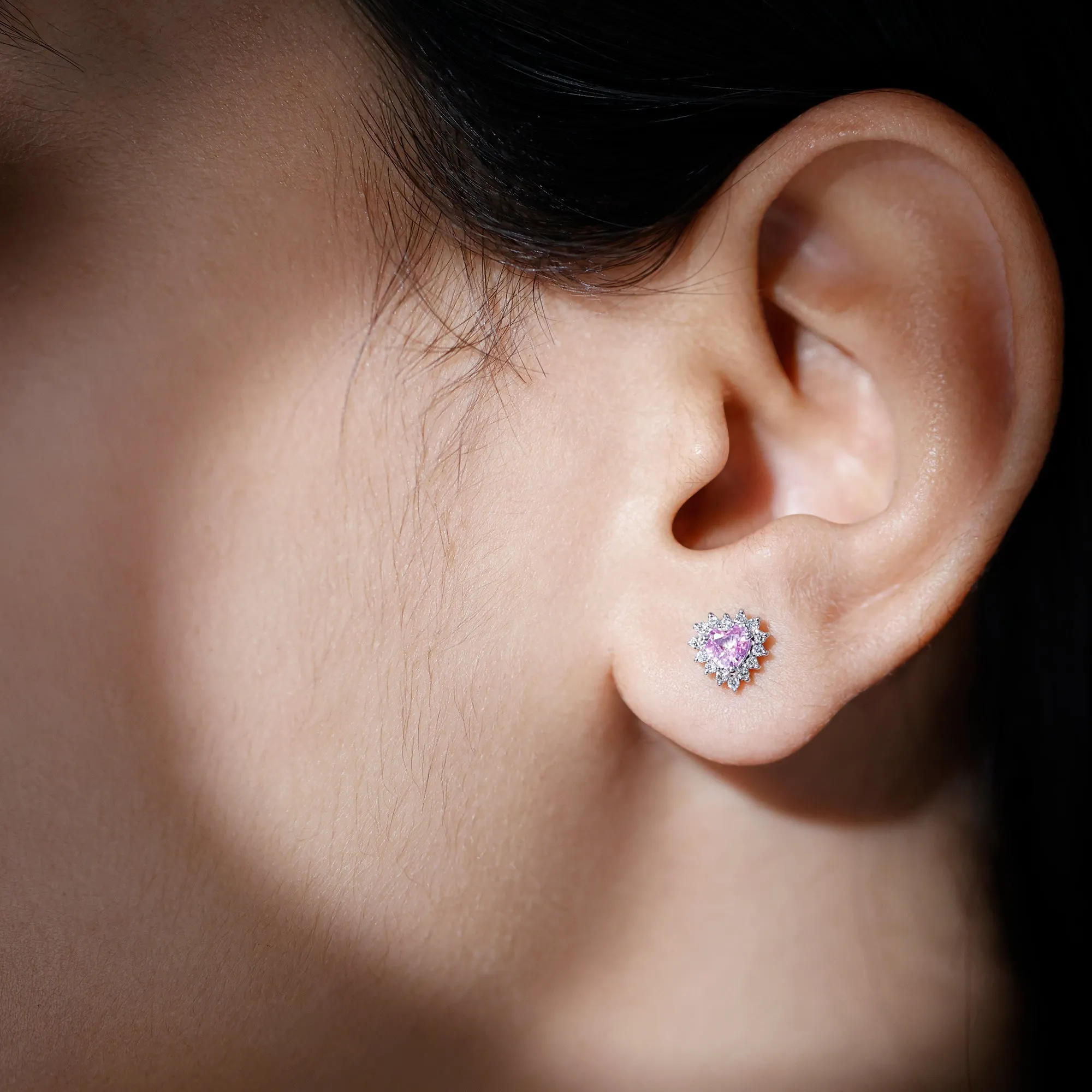 Minimal Heart Shape Pink Sapphire Halo Stud Earrings with Diamond