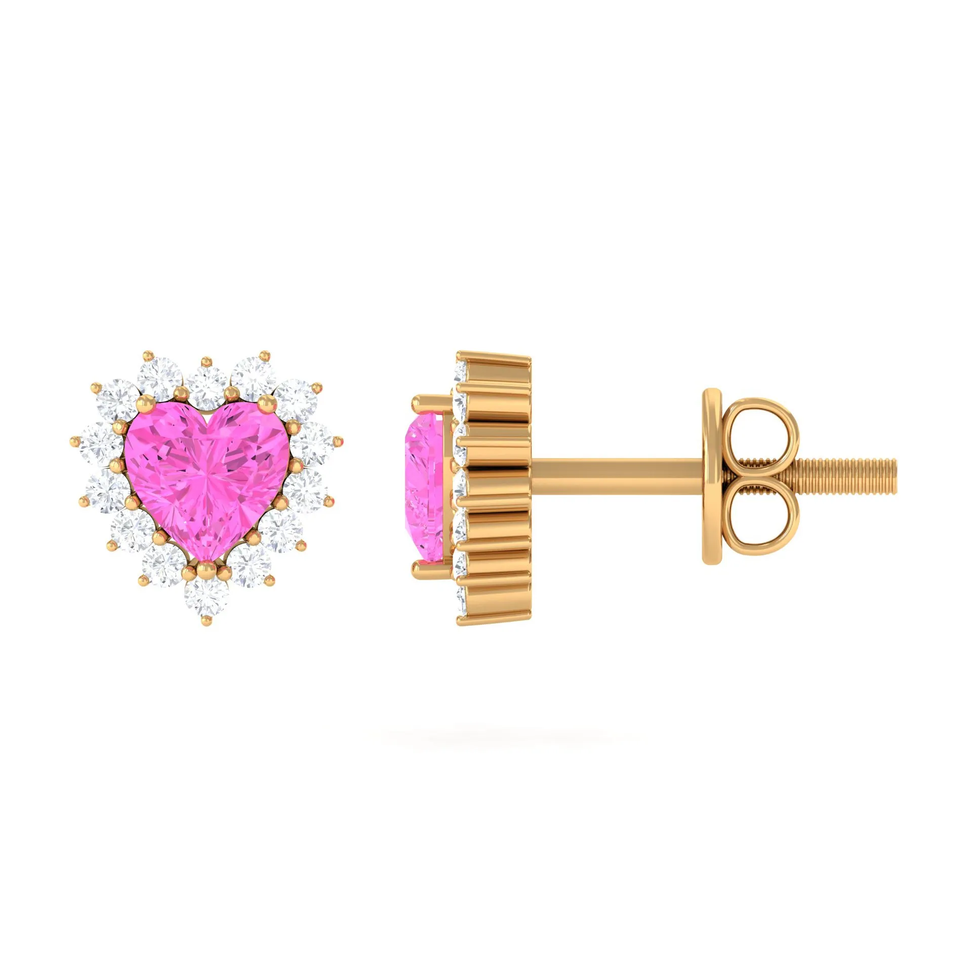 Minimal Heart Shape Pink Sapphire Halo Stud Earrings with Diamond