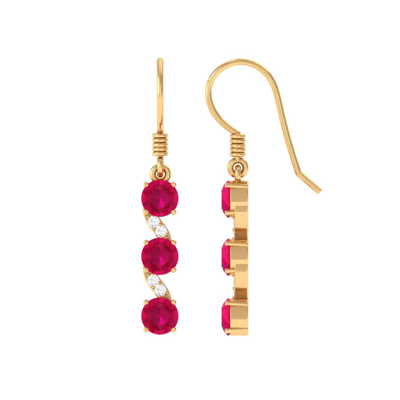 Minimal Ruby Dangle Drop Earrings with Diamond