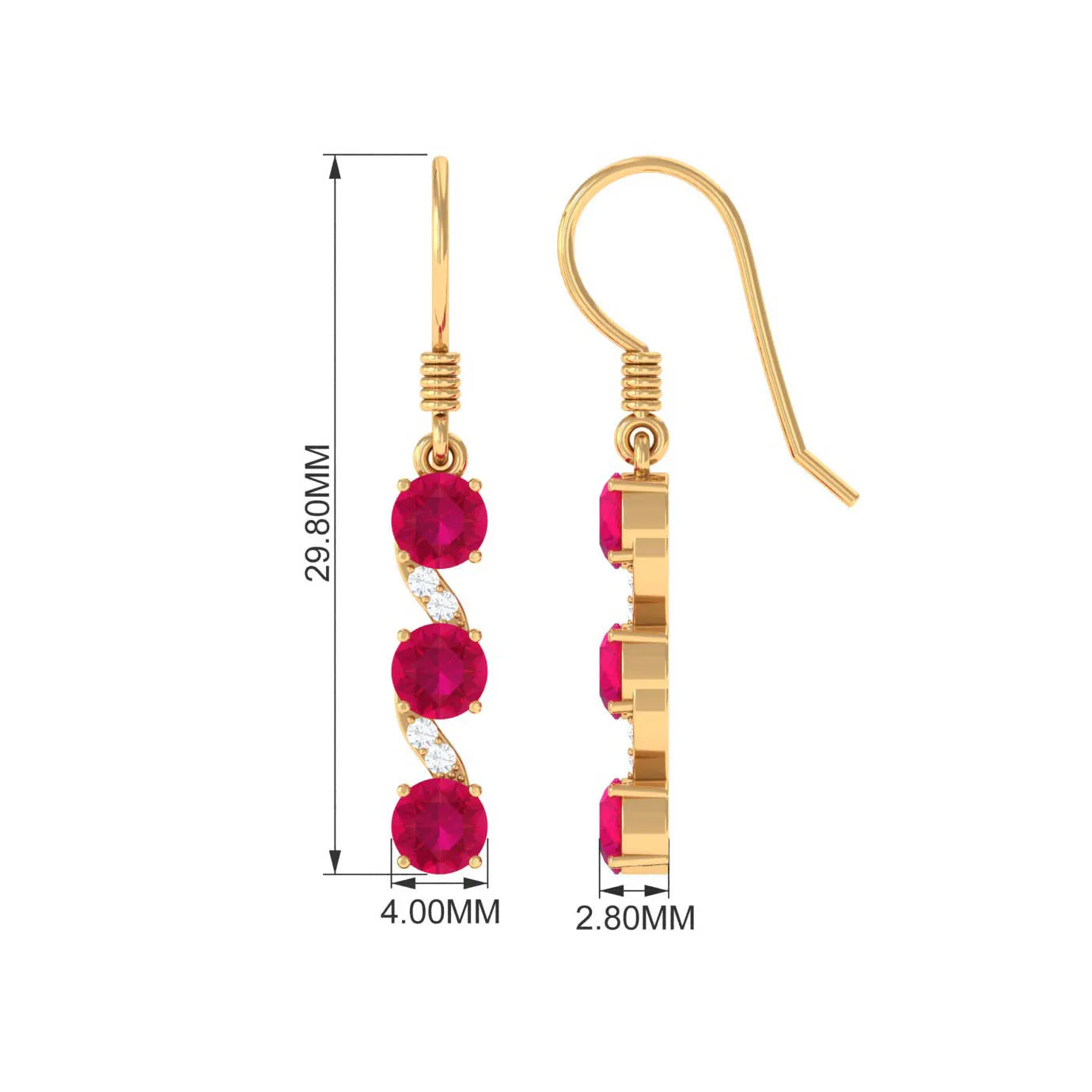 Minimal Ruby Dangle Drop Earrings with Diamond