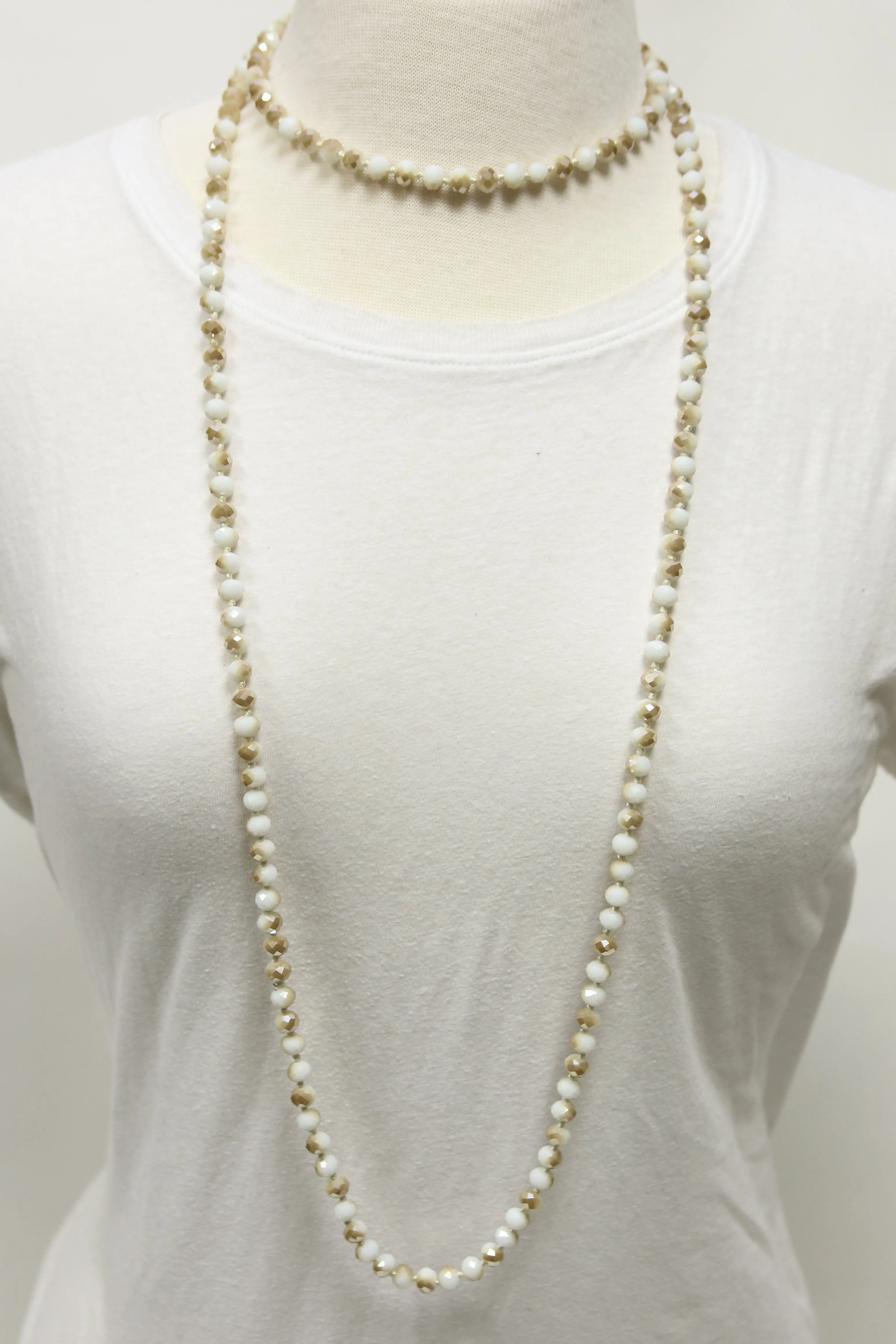 NK-2244 TAN CREAM MULTI 60" hand knotted glass bead necklace