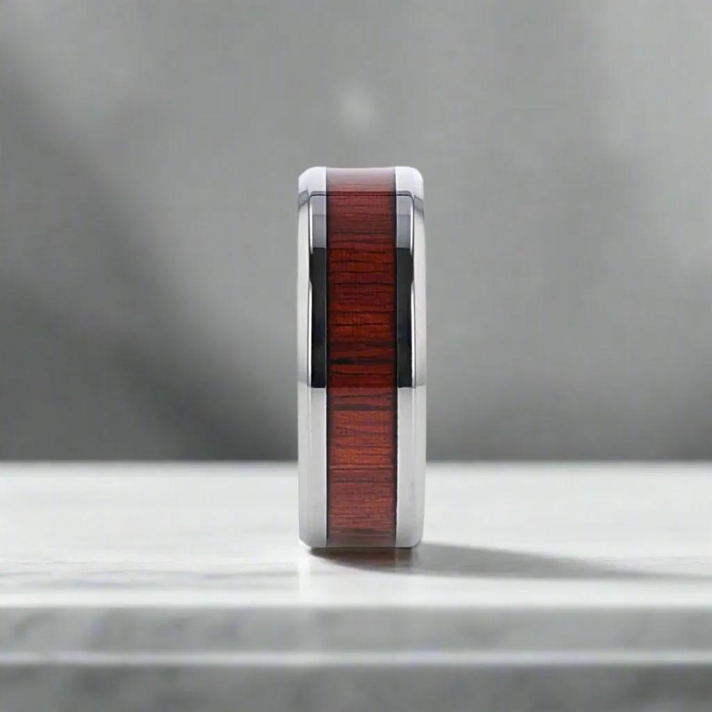 NORRO | Silver Titanium Ring, Padauk Wood Inlay, Beveled