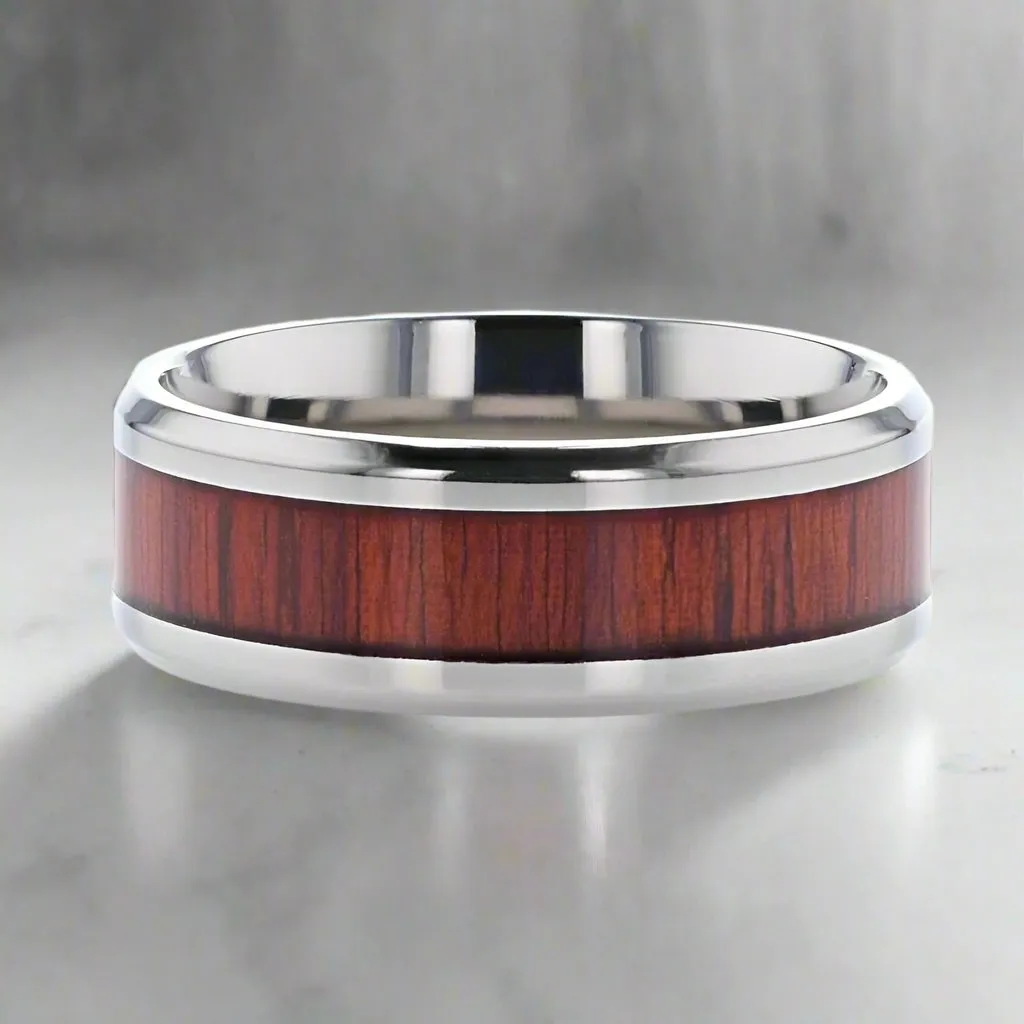 NORRO | Silver Titanium Ring, Padauk Wood Inlay, Beveled