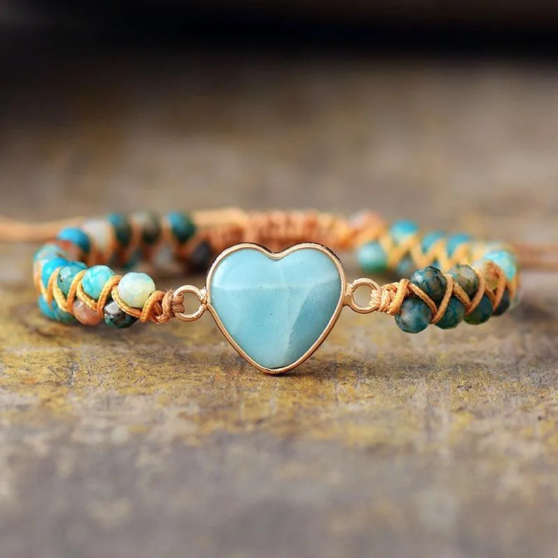 Onyx & Amazonite Heart Charm Braided Bracelet