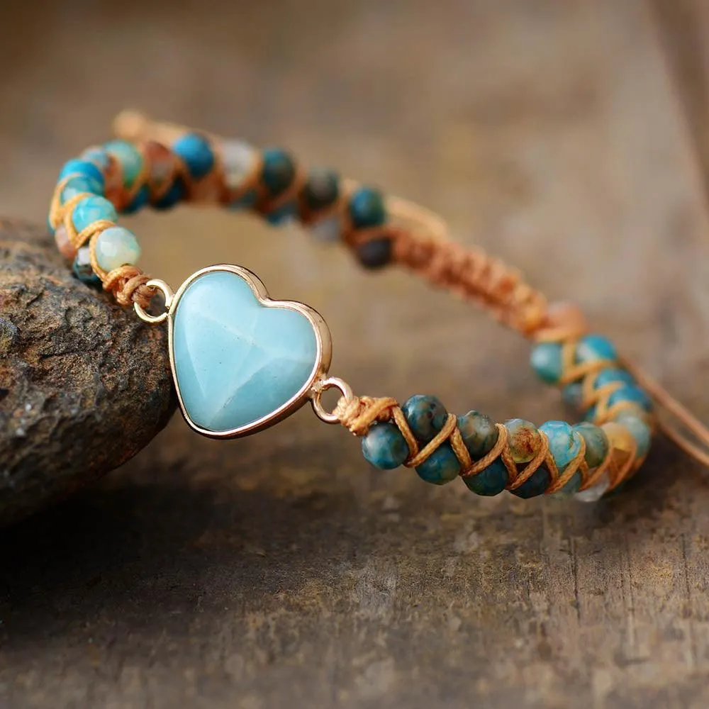 Onyx & Amazonite Heart Charm Braided Bracelet