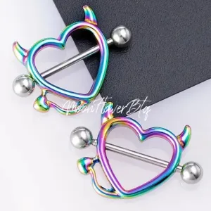 Rainbow Devil Heart Nipple Rings