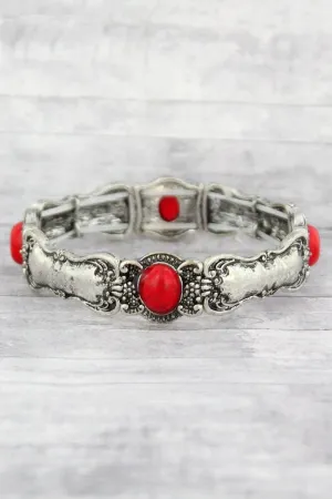 SALE! Burnished Silvertone and Coral Bead Spoon Stretch Bracelet