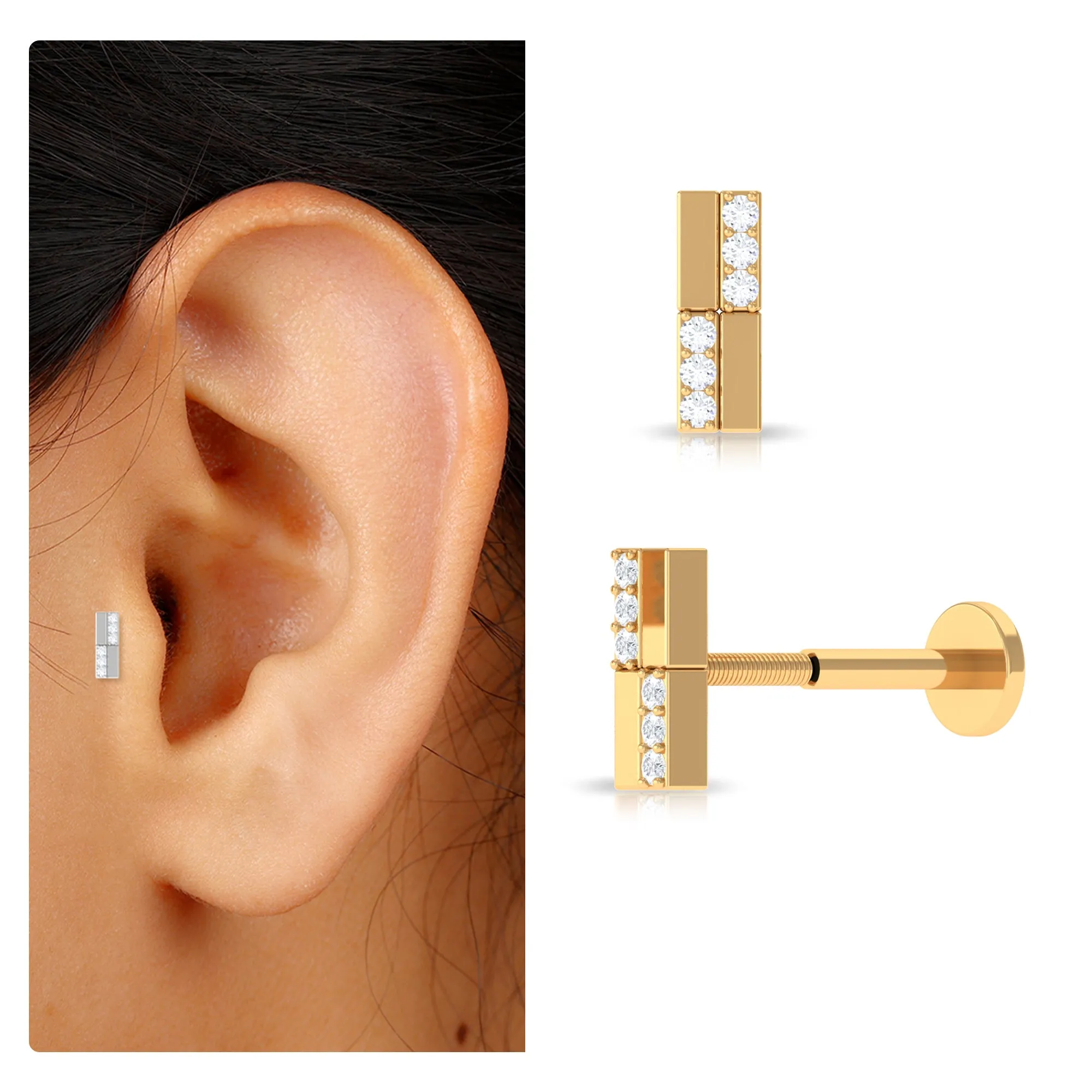 Simple Diamond Gold Bar Earring for Tragus Piercing