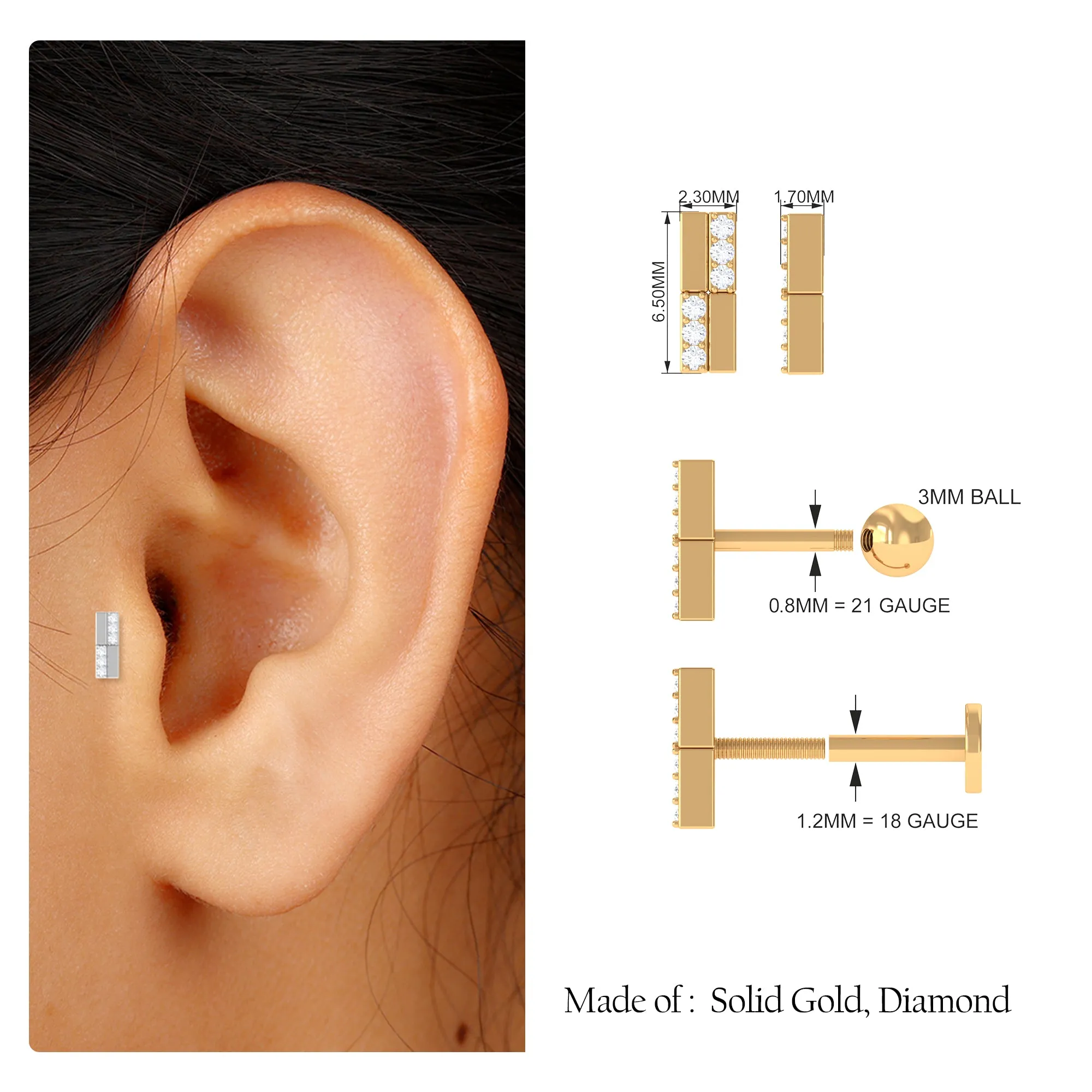 Simple Diamond Gold Bar Earring for Tragus Piercing