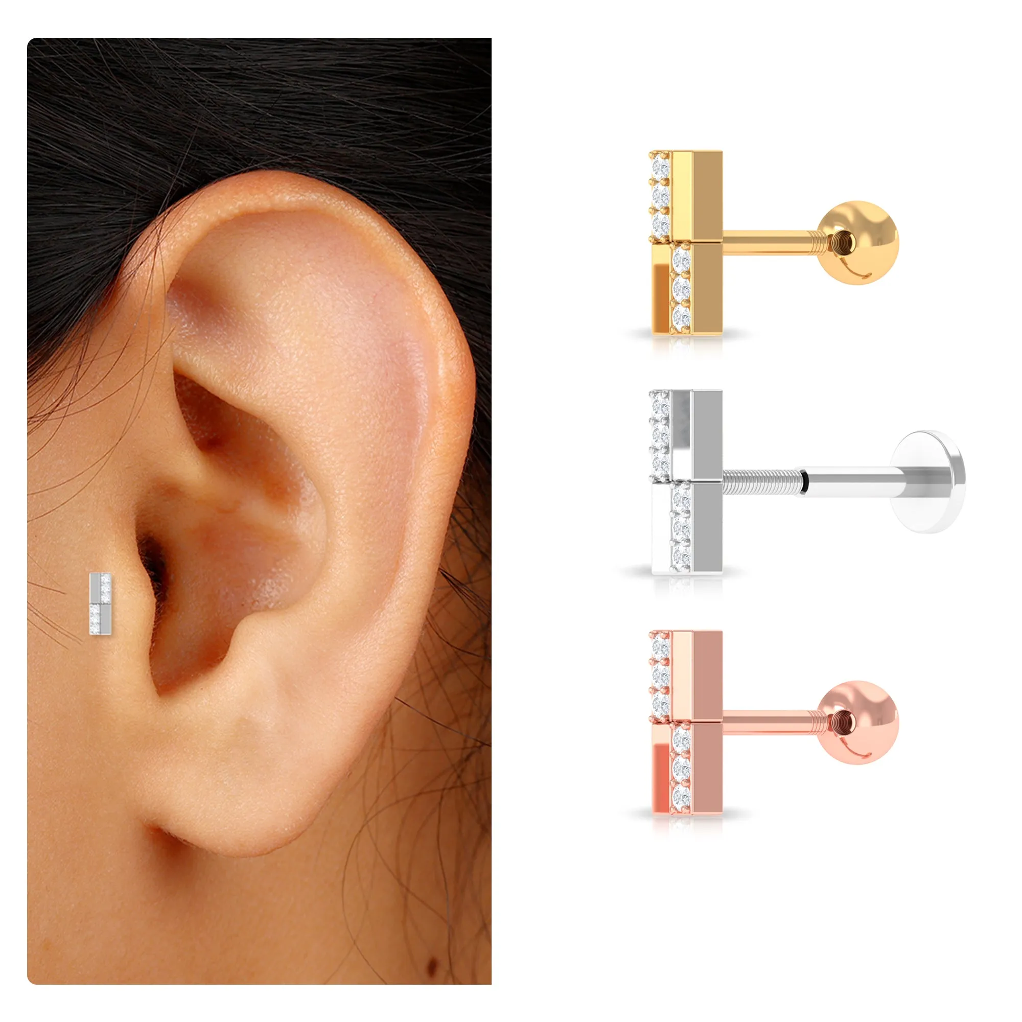 Simple Diamond Gold Bar Earring for Tragus Piercing