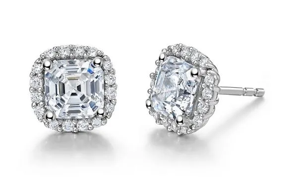 Simulated Diamond Asscher Cut Halo Earrings E0222CLP