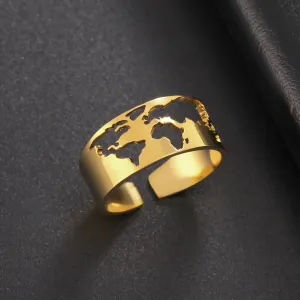 Sipuris World Map Hollow Open Rings For Women Men Stainless Steel Mirror Surface Boho Finger Men's Ring Jewelry Wedding Gifts