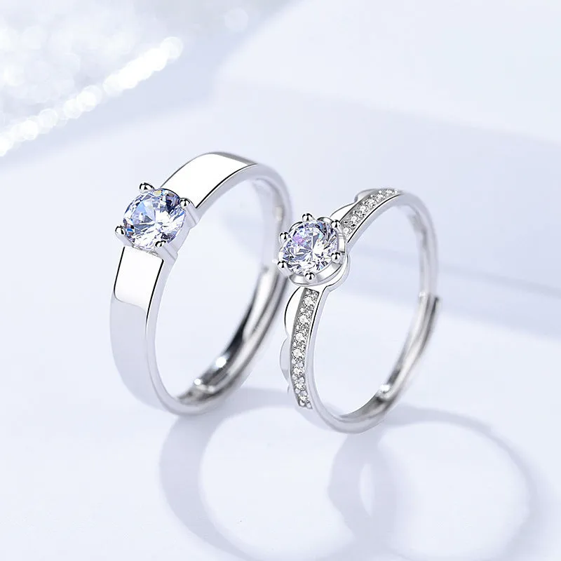 Solitaire Couple Engagement Rings Set for Two